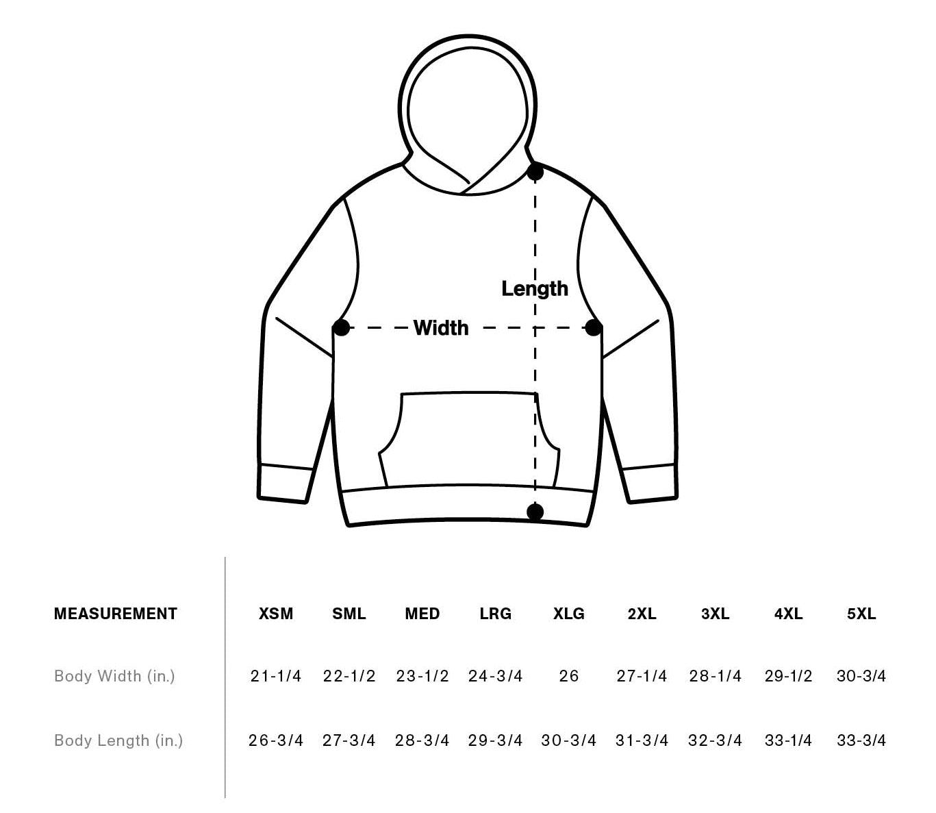 Hoodie size guide against white background