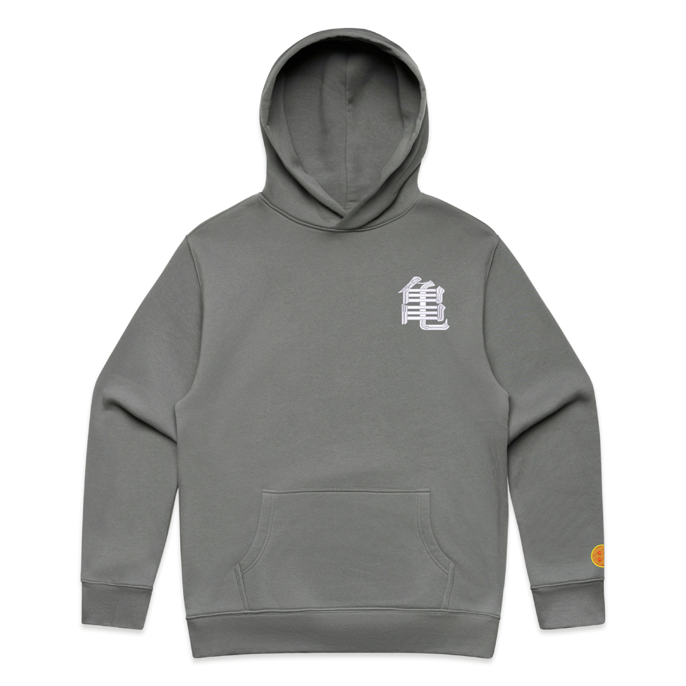 Shadow grey hoodie with a 'Kame' logo on the chest and Dragonball on sleeve against a white background