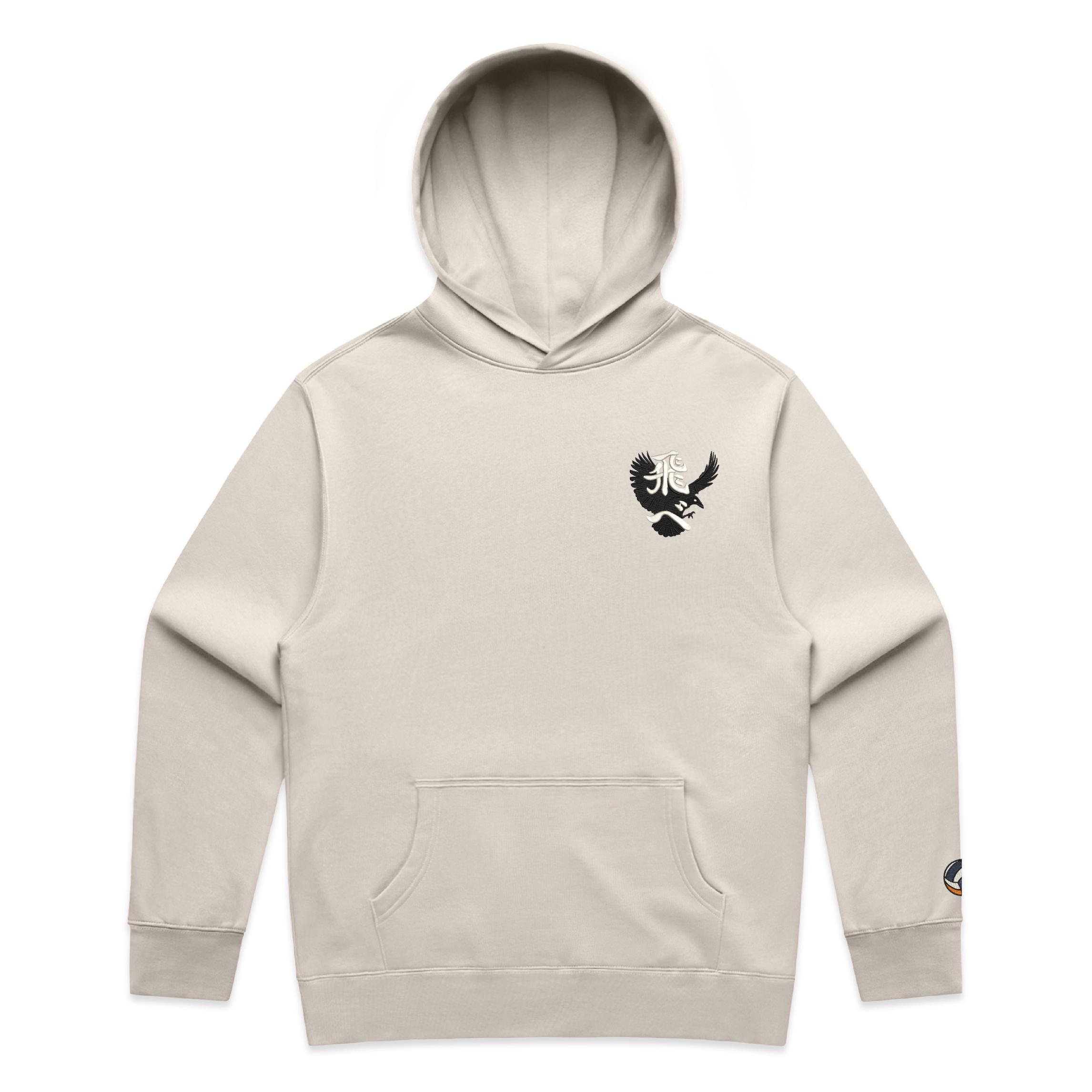 Bone hoodie with a ‘Tobe’ and crow on the chest and Volleyball on sleeve against a white background