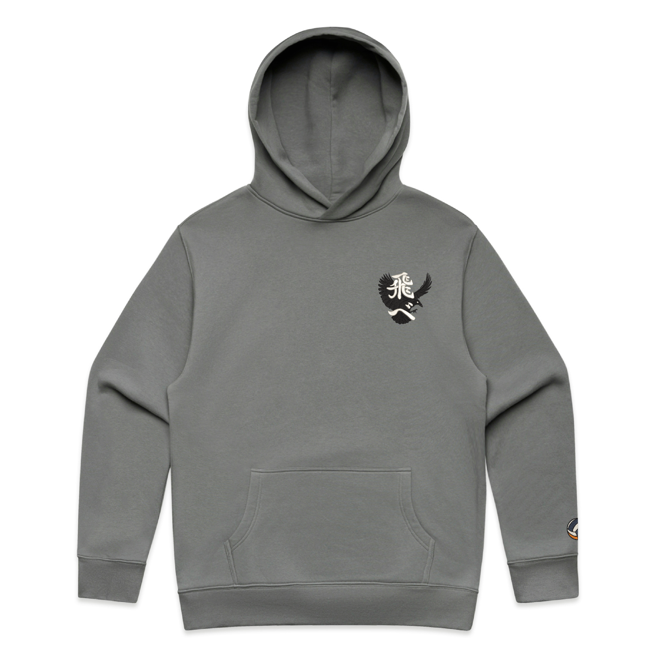 Shadow hoodie with a ‘Tobe’ and crow on the chest and Volleyball on sleeve against a white background