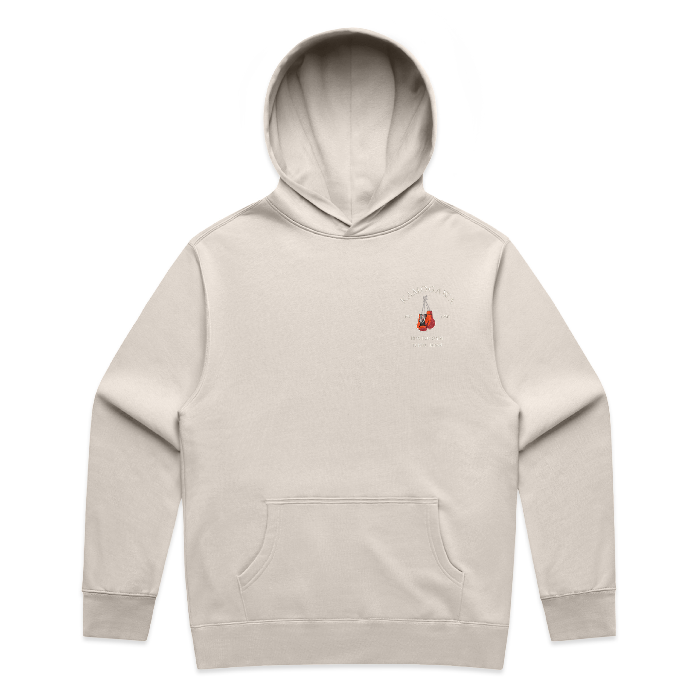 Bone hoodie with a boxing gloves and ‘Kamogawa Boxing Gym’ on the chest against a white background
