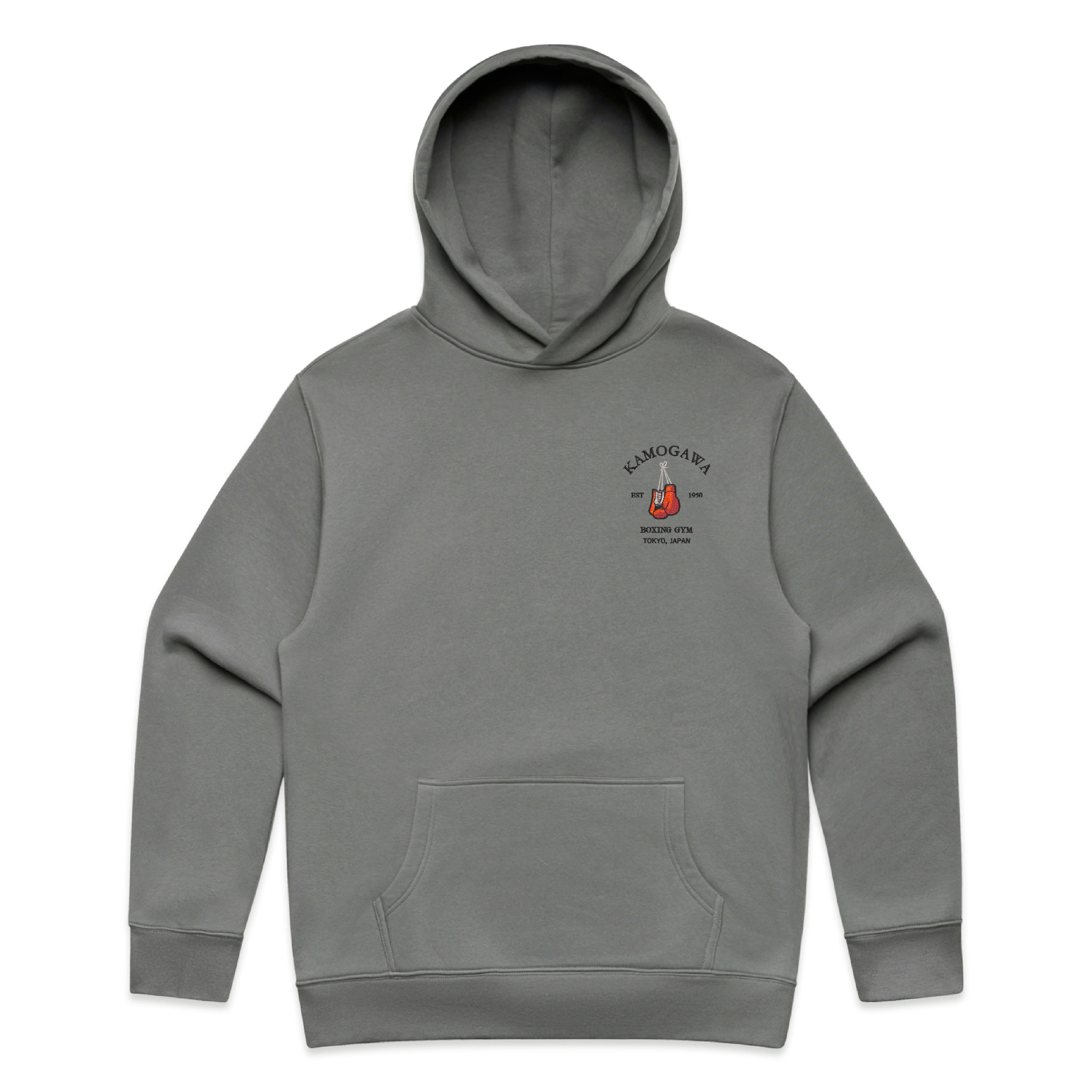 Shadow hoodie with a boxing gloves and ‘Kamogawa Boxing Gym’ on the chest against a white background