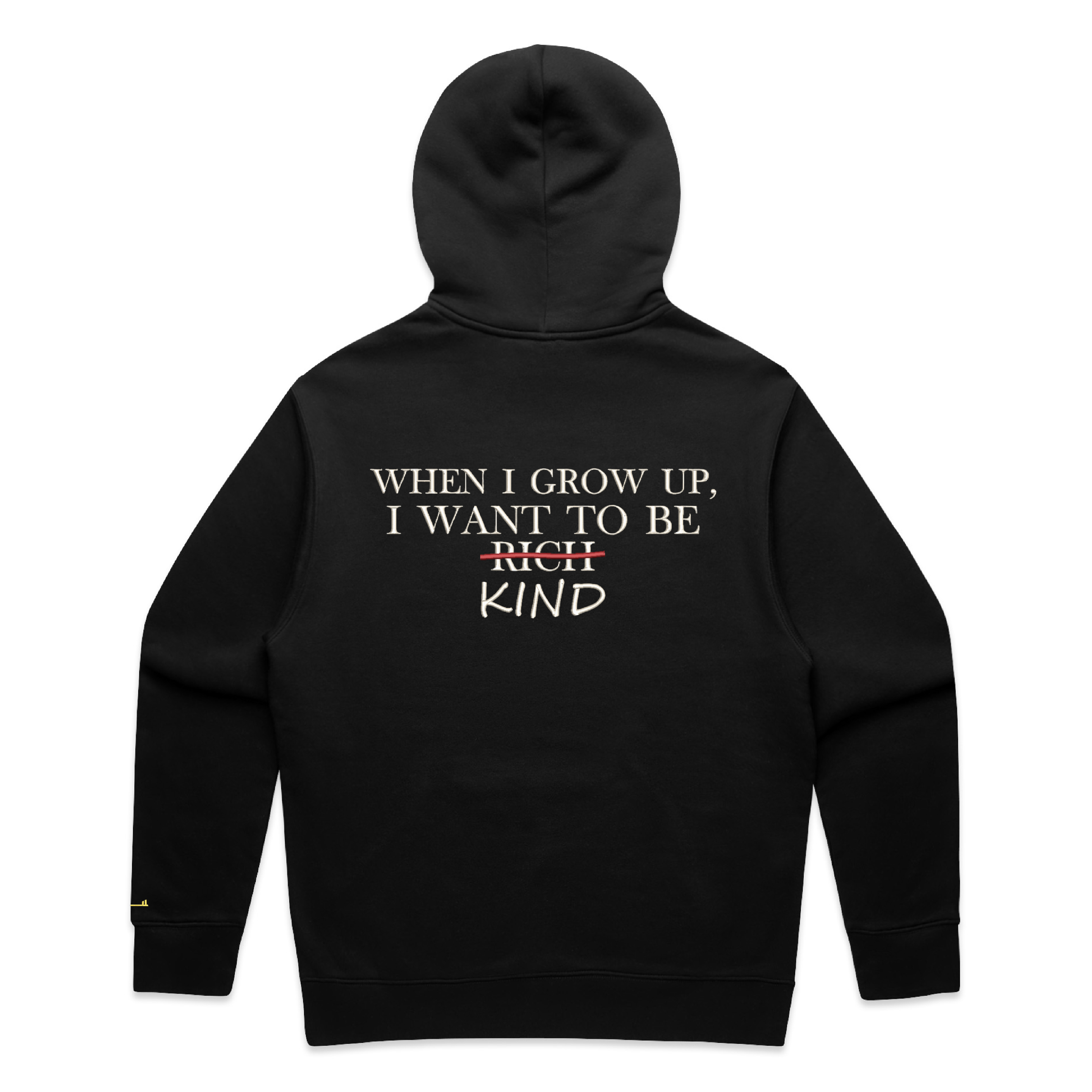 Black hoodie with ‘When I grow up I want to be rich kind’ on the back and a Key on the sleeve against a white background