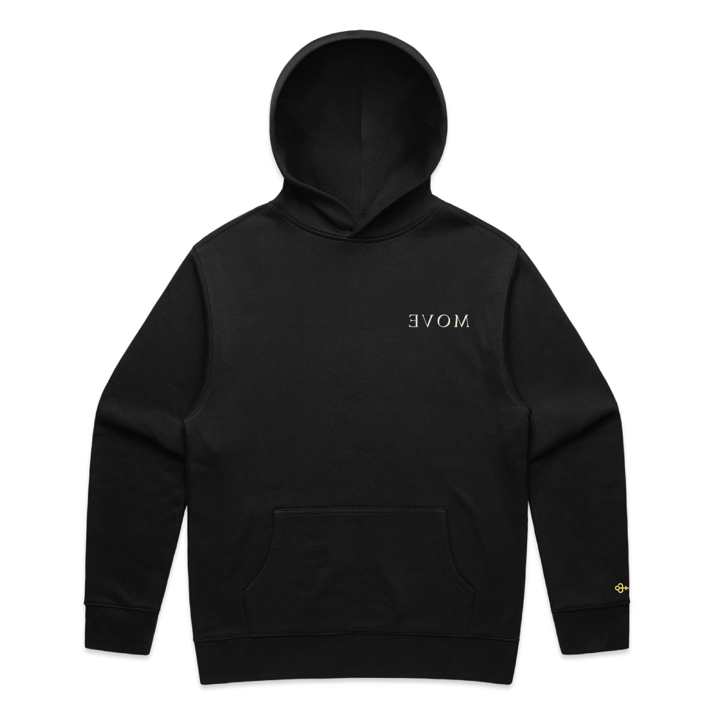 Black hoodie with ‘MOVE’ on the chest and a Key on the sleeve against a white background