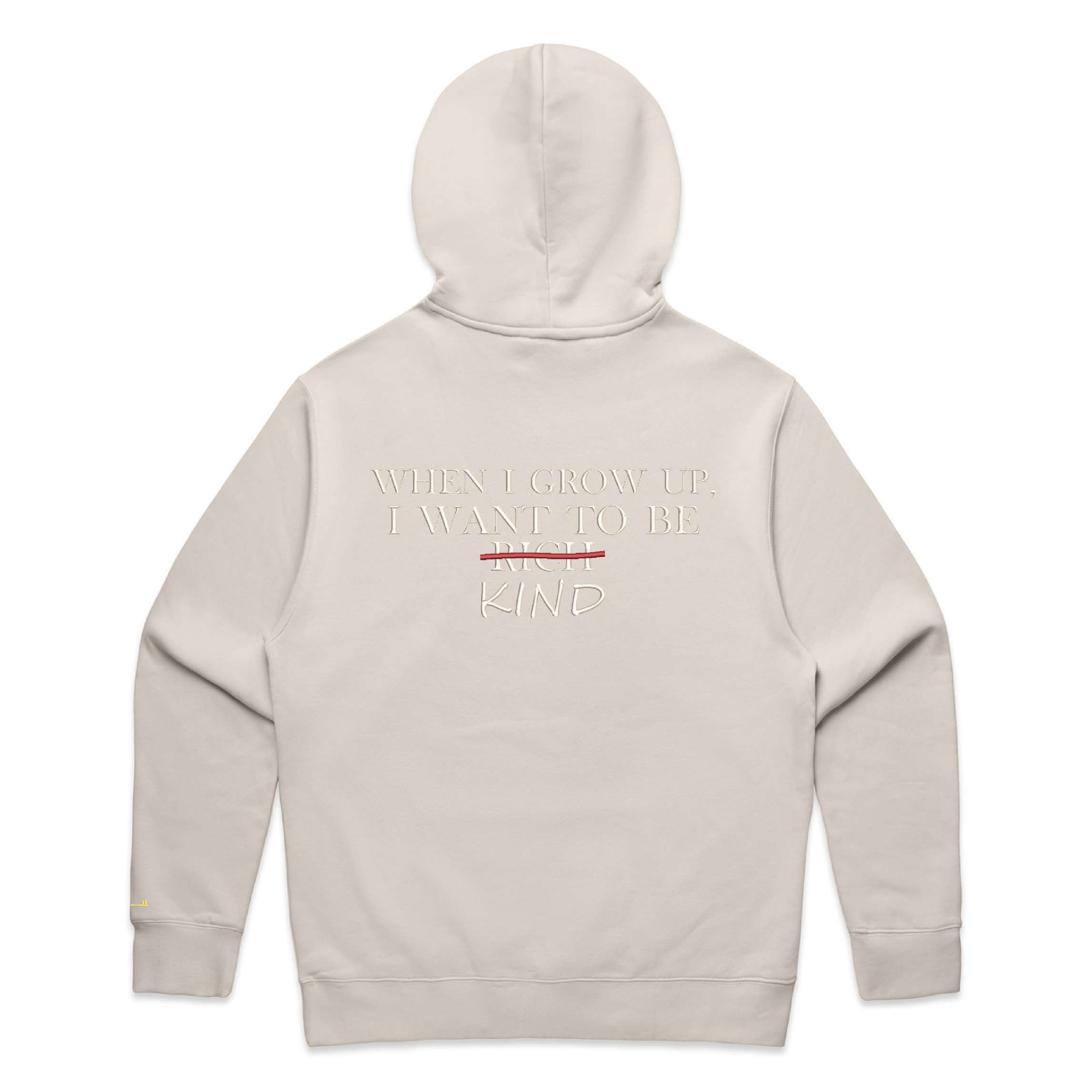 Bone hoodie with ‘When I grow up I want to be rich kind’ on the back and a Key on the sleeve against a white background