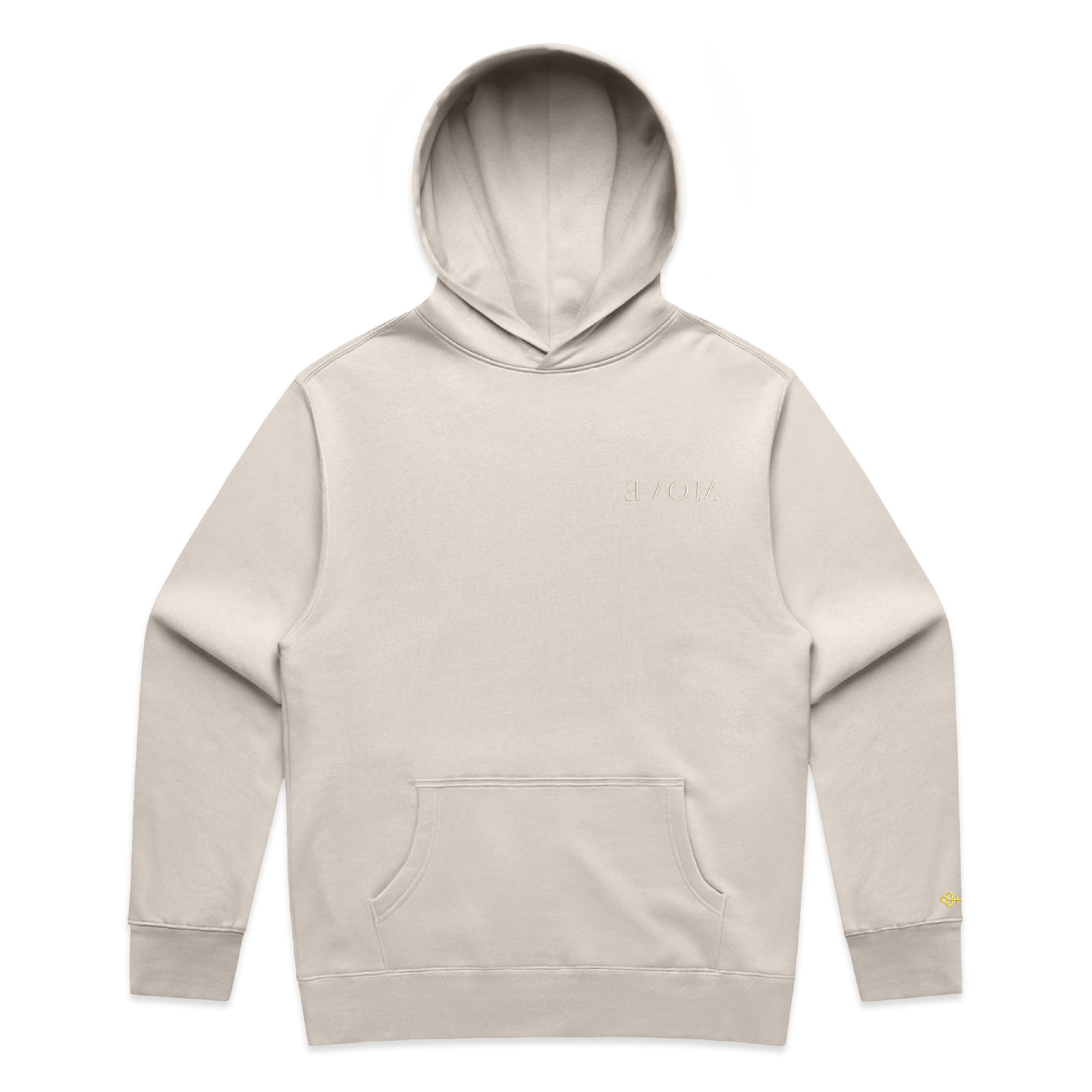Bone hoodie with ‘MOVE’ on the chest and a Key on the sleeve against a white background