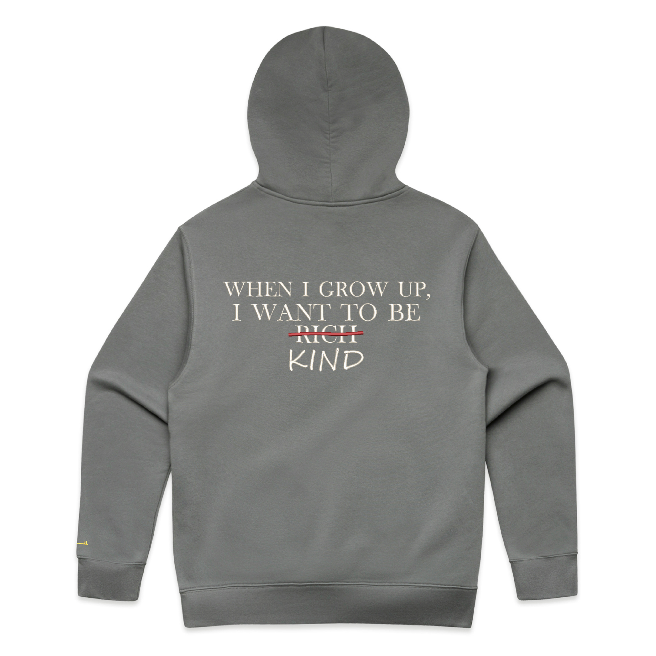 Shadow hoodie with ‘When I grow up I want to be rich kind’ on the back and a Key on the sleeve against a white background
