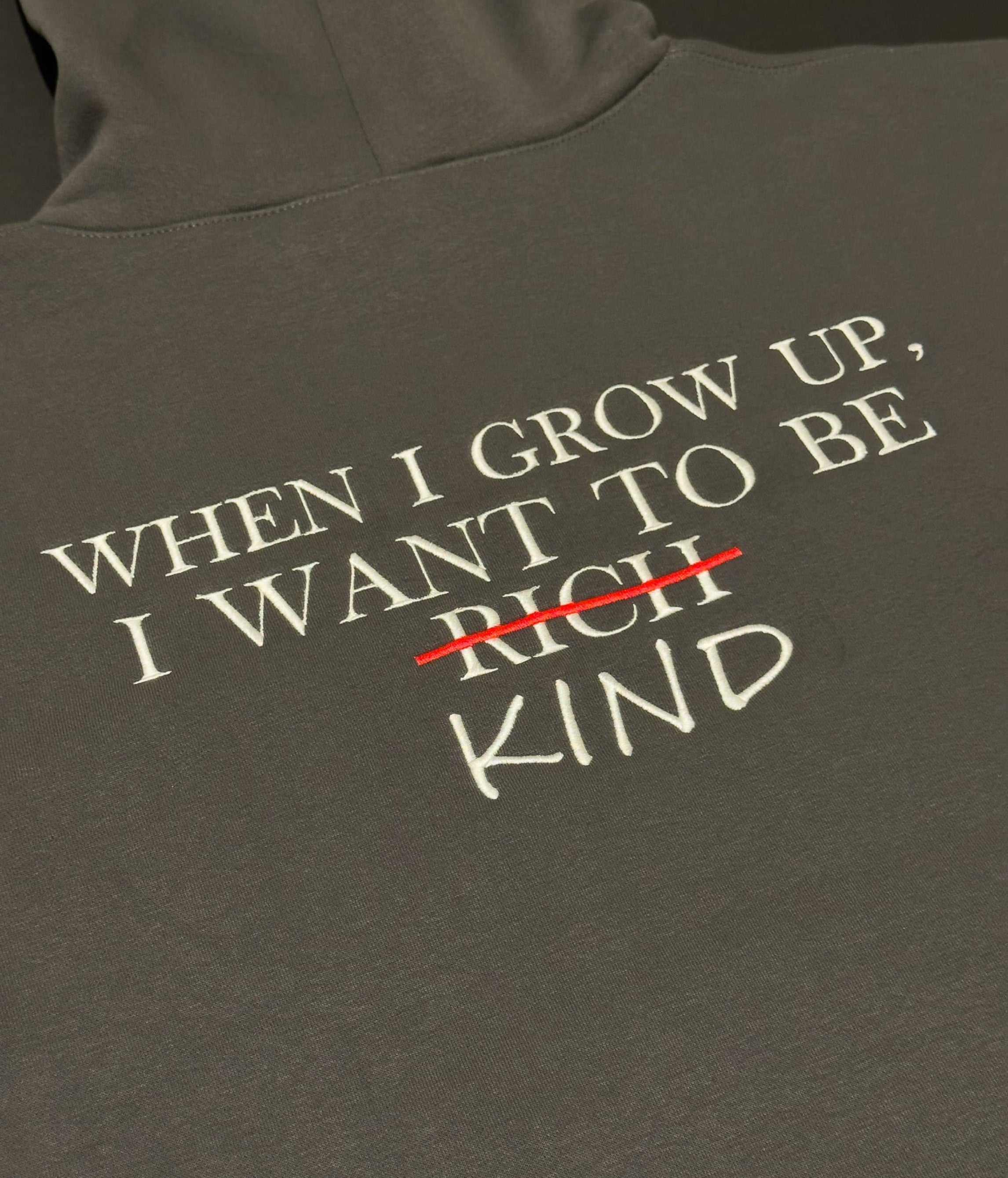 Shadow hoodie with ‘When I grow up I want to be rich kind’ on the back and a Key on the sleeve against a white background