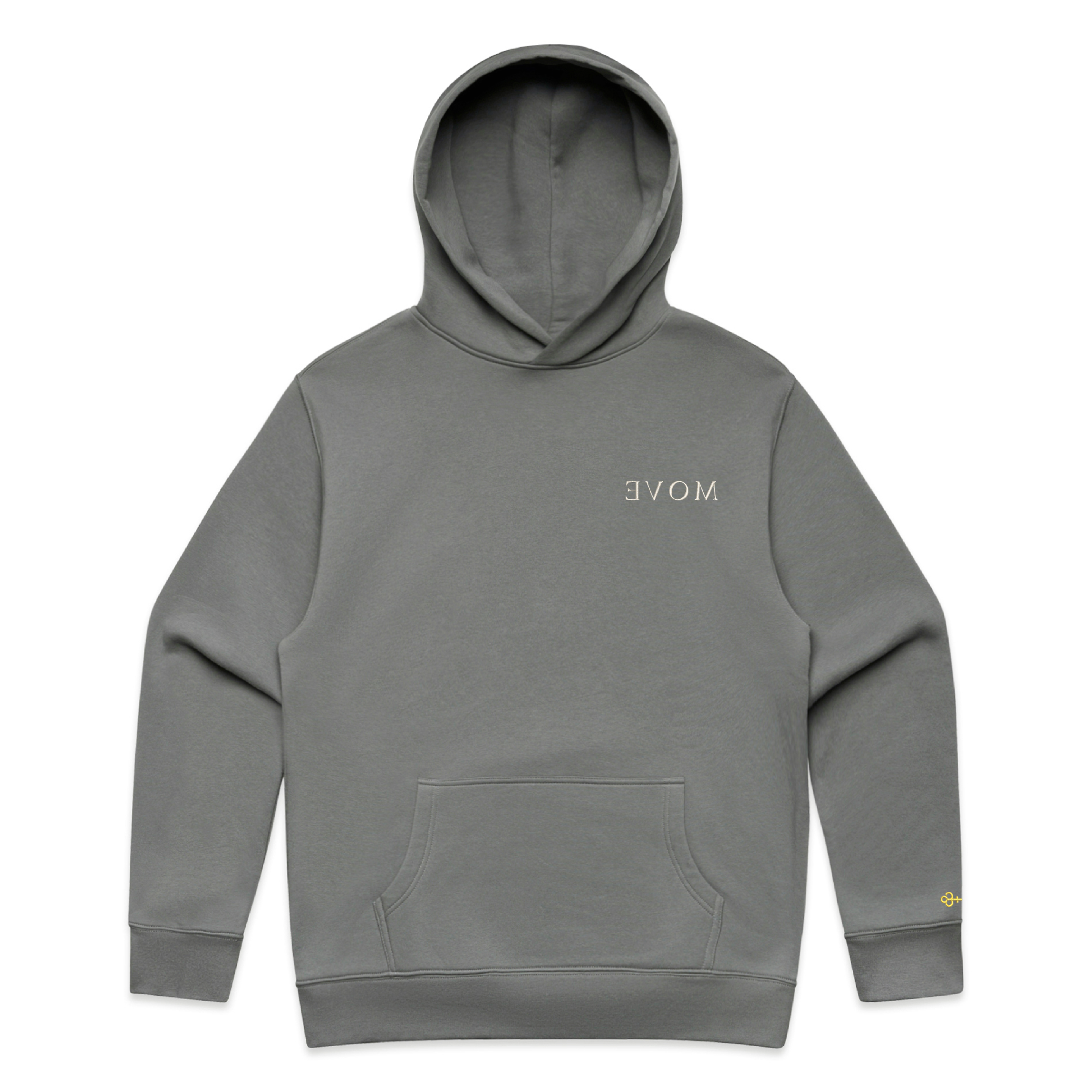 Shadow hoodie with ‘MOVE’ on the chest and a Key on the sleeve against a white background